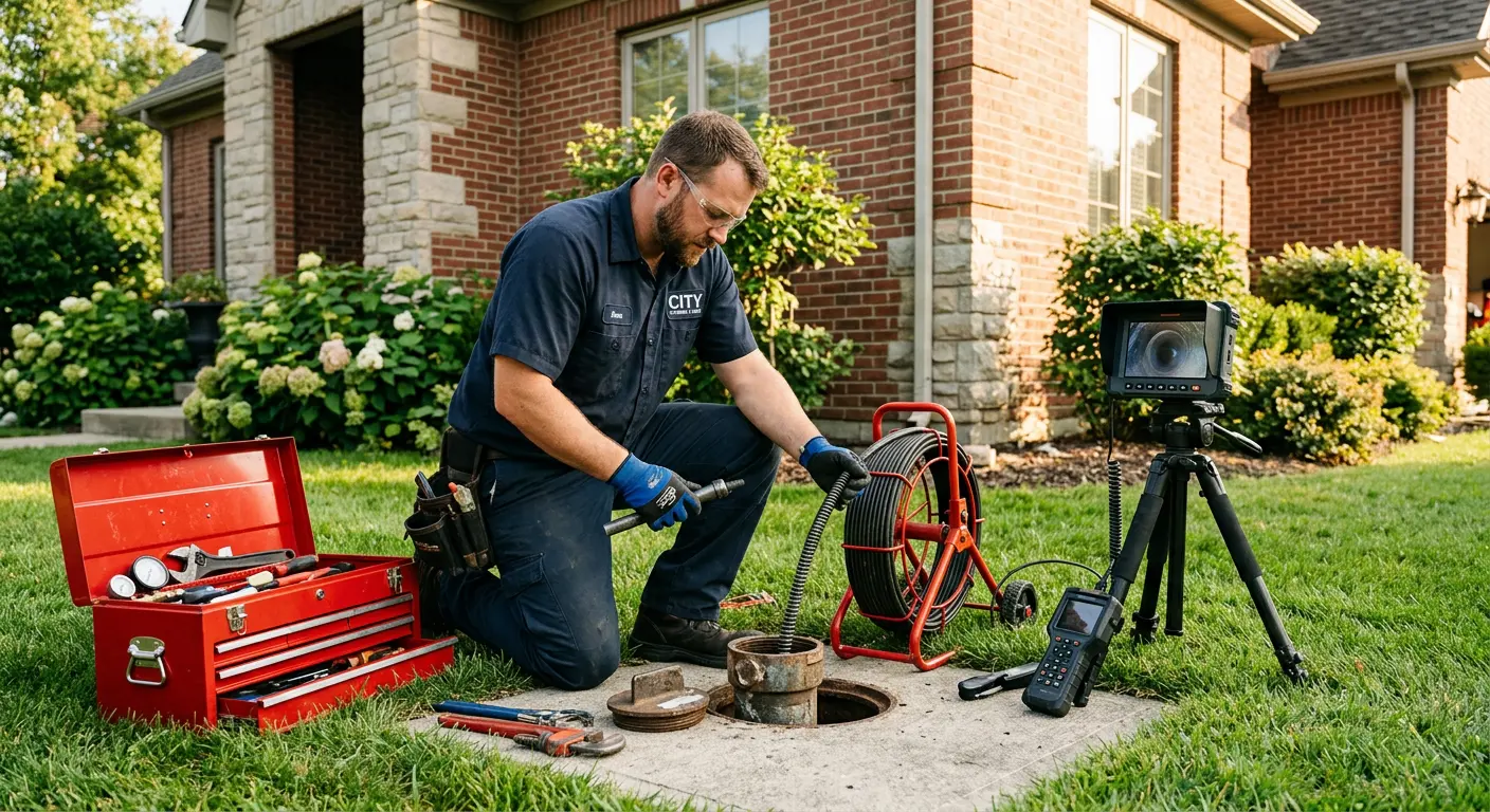 Sewer specialist with camera equipment servicing a cleanout in Sunrise Manor