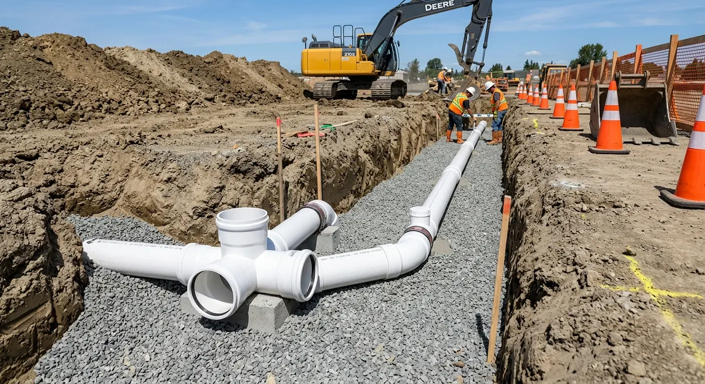 New PVC sewer pipe installation in open trench for Sewer Backup in Sunrise Manor