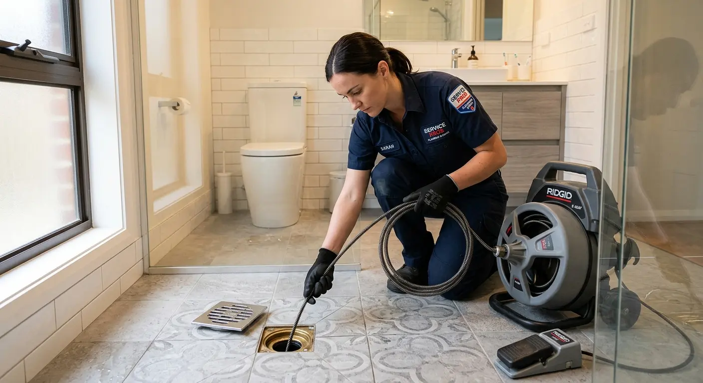 Technician clearing a bathroom floor drain for Sewer Line Installation in Sunrise Manor